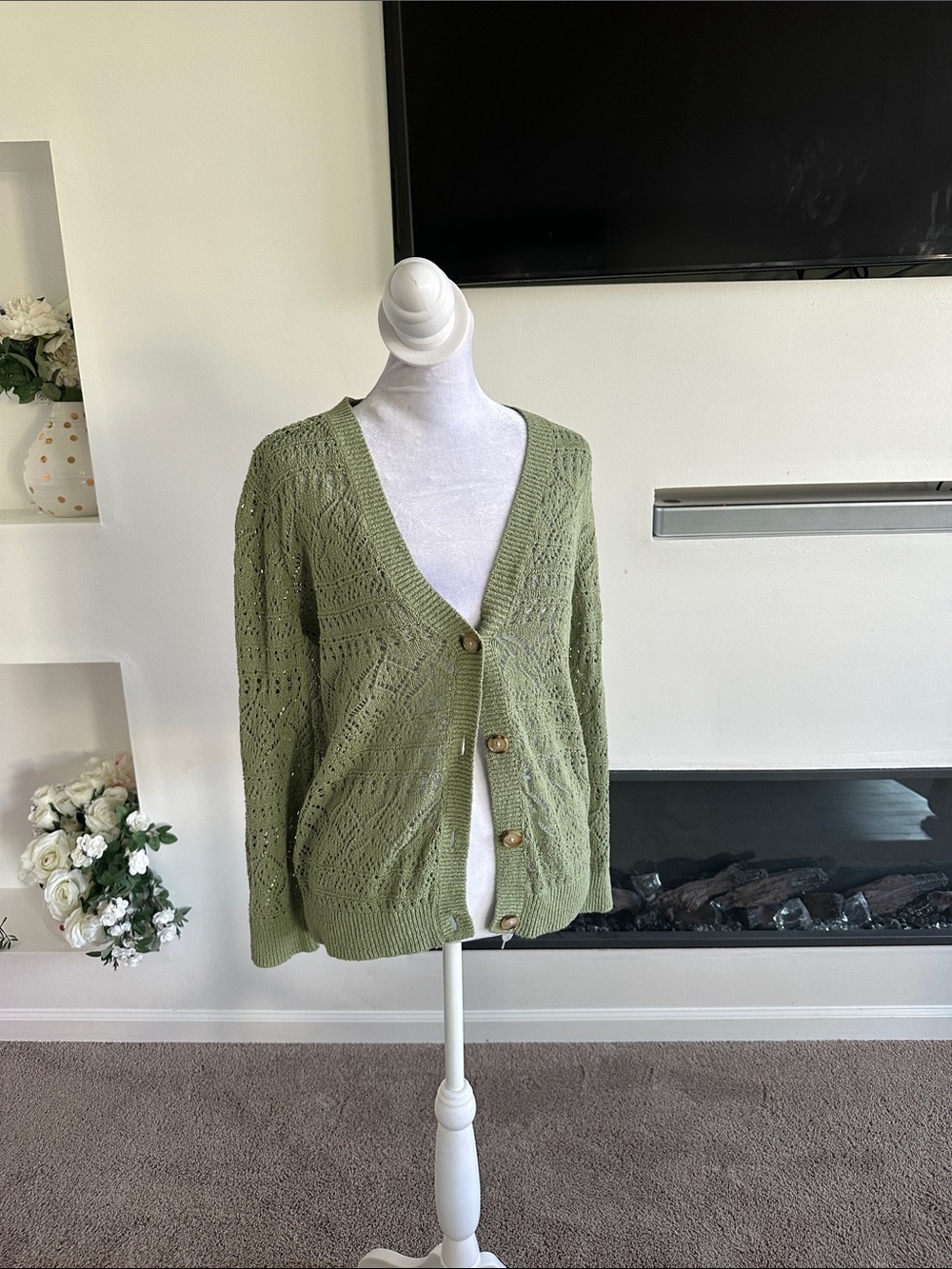 LOFT Olive Open-Knit V-Neck Button Cardigan - Picture 2 of 6